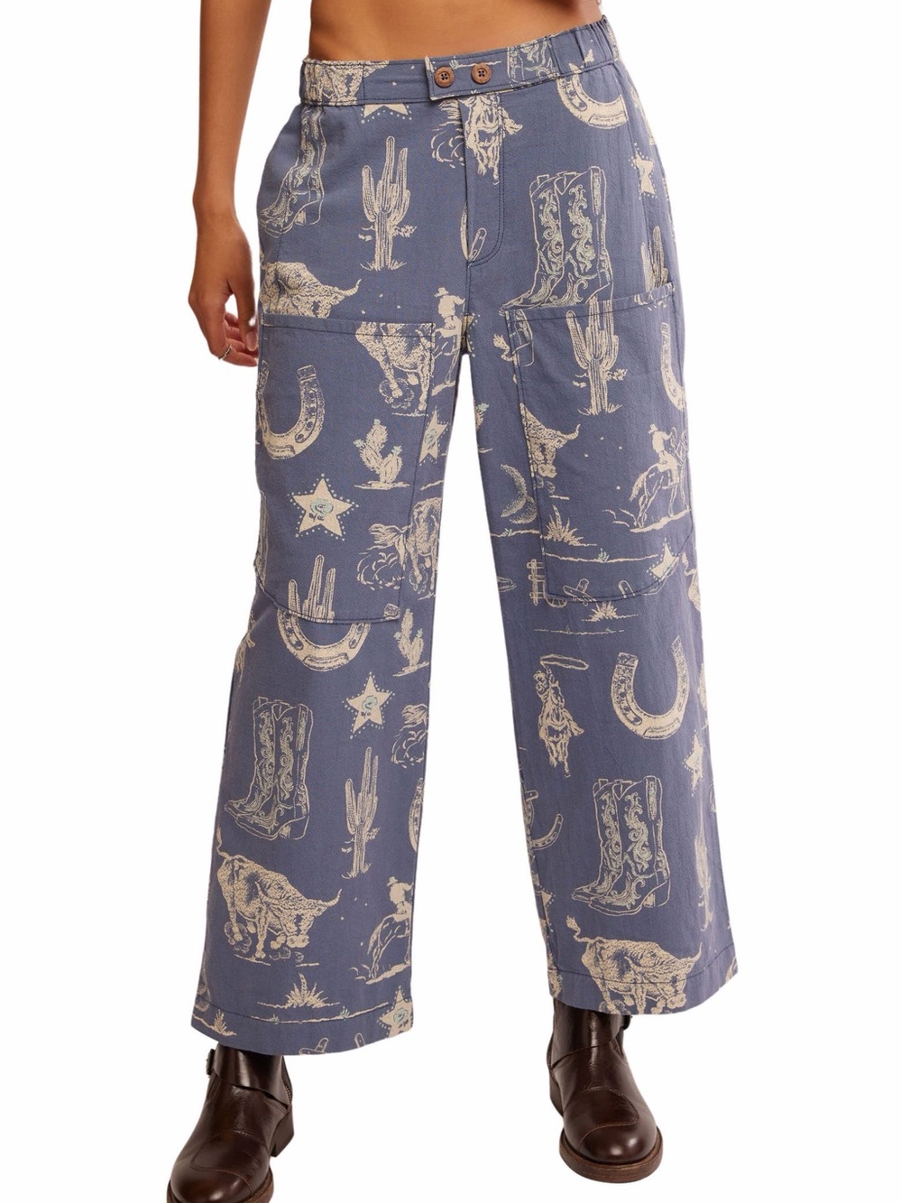Free People Seaside Pull-On Pants Blue Western Print Cotton Size Medium - Picture 12 of 16